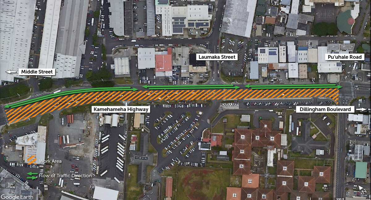 TPC-CN010 Map - Kamehameha Highway and Dillingham Boulevard Construction Traffic flow and Work Area.
