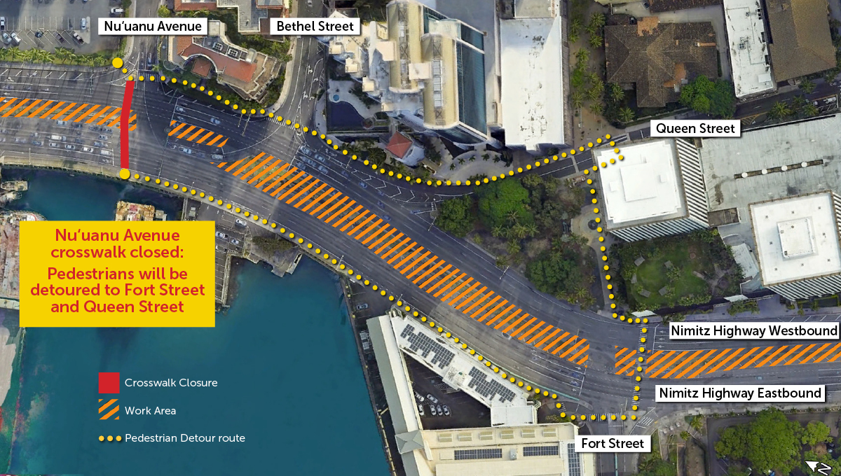 Map showing the area of Crosswalk Closure and Pedestrian Detour on Nimitz Highway
