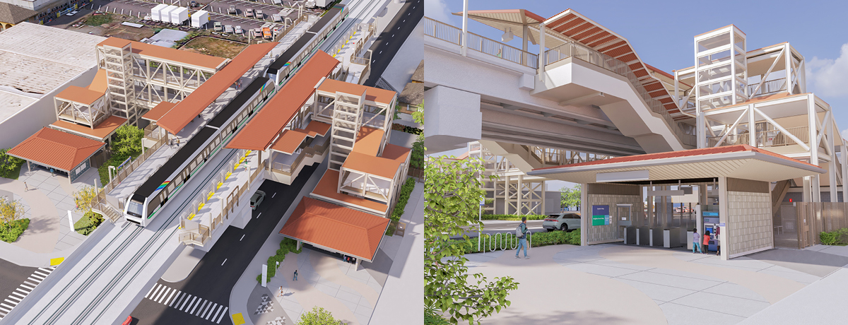 Design rendering for Kalihi Station. Left photo: Aerial view with the train passing. Right photo: Street view of the station.