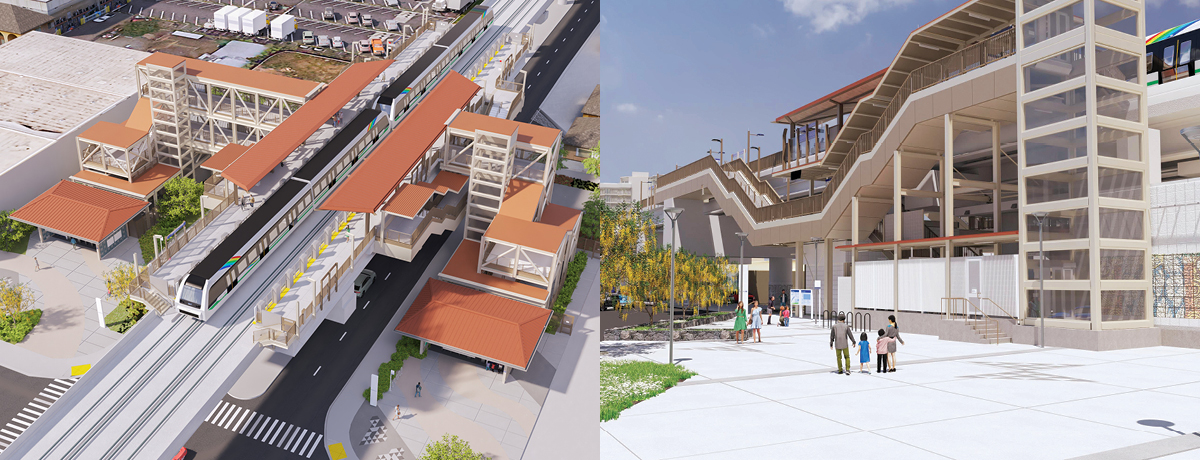 Photo left: Aerial view of Kalihi Station rendering. Photo right: Street view of Iwilei Station rendering