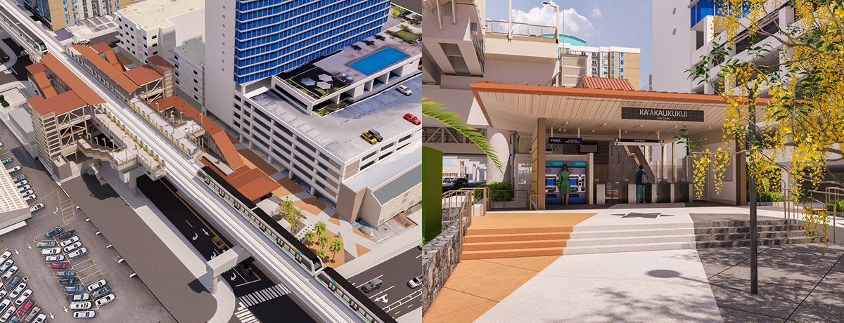 Photo left: Aerial view of Civic Center Station rendering. Photo right: Entrance of Civic Center Station rendering
