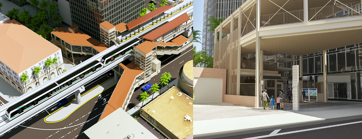Left photo: Bird view of Downtown Station rendering. Right photo: Downtown Station entrance rendering.