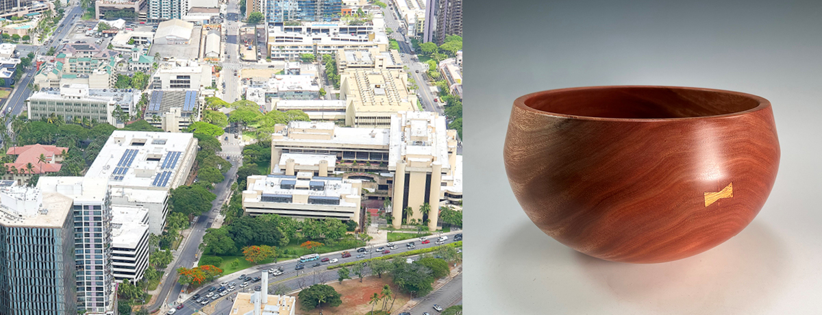 Photo left: Halekauwila Street. Photo right: Repurposed wood, Kamani - Umeke