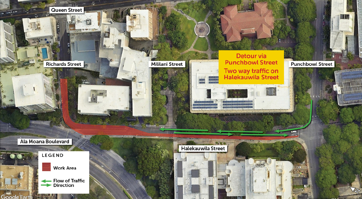 Halekauwila St Lane Closure Map - Between Richards St and Punchbowl St